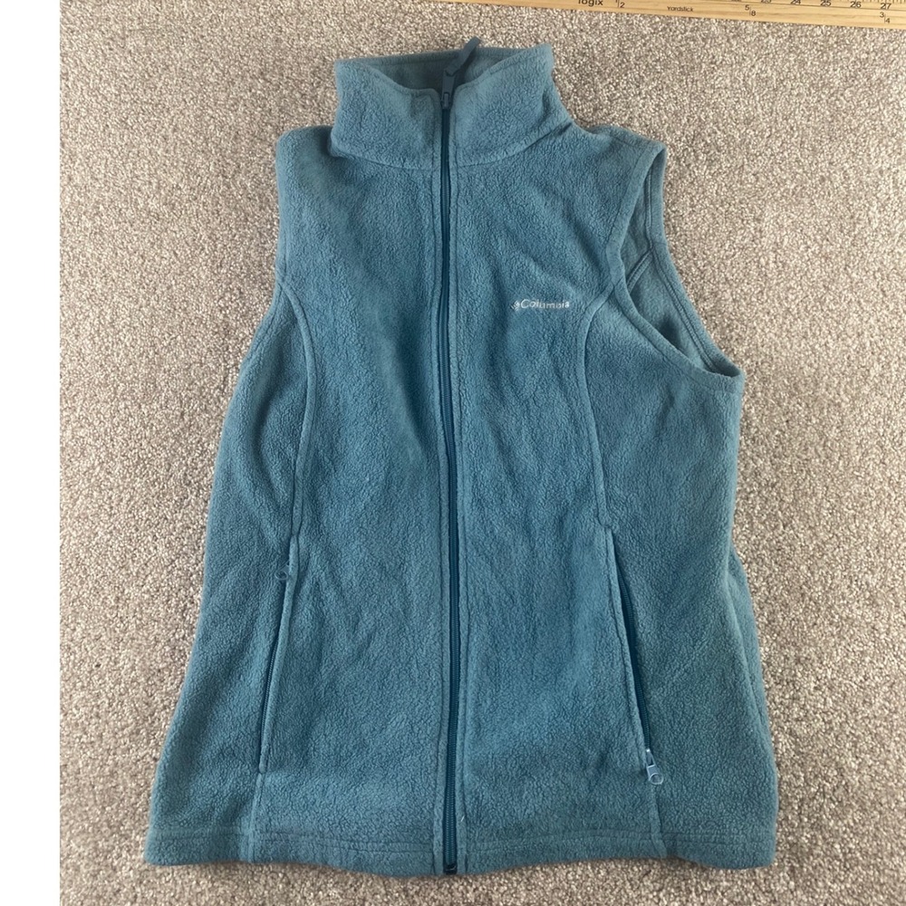 Columbia Womens M Fleece Vest Blue Green Full Zip Mock Neck Preppy Warm